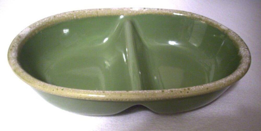 Hull Pottery Avocado Green Drip Oval Divided Vegetable Bowl/Casserole Oven Proof